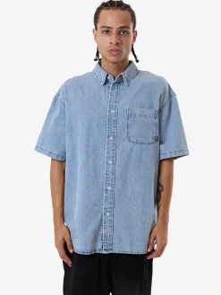 Clearance Thrills Canyon Oversize Short Sleeve Denim Shirt - Faded Rinse Indigo FadedRinseIndigo