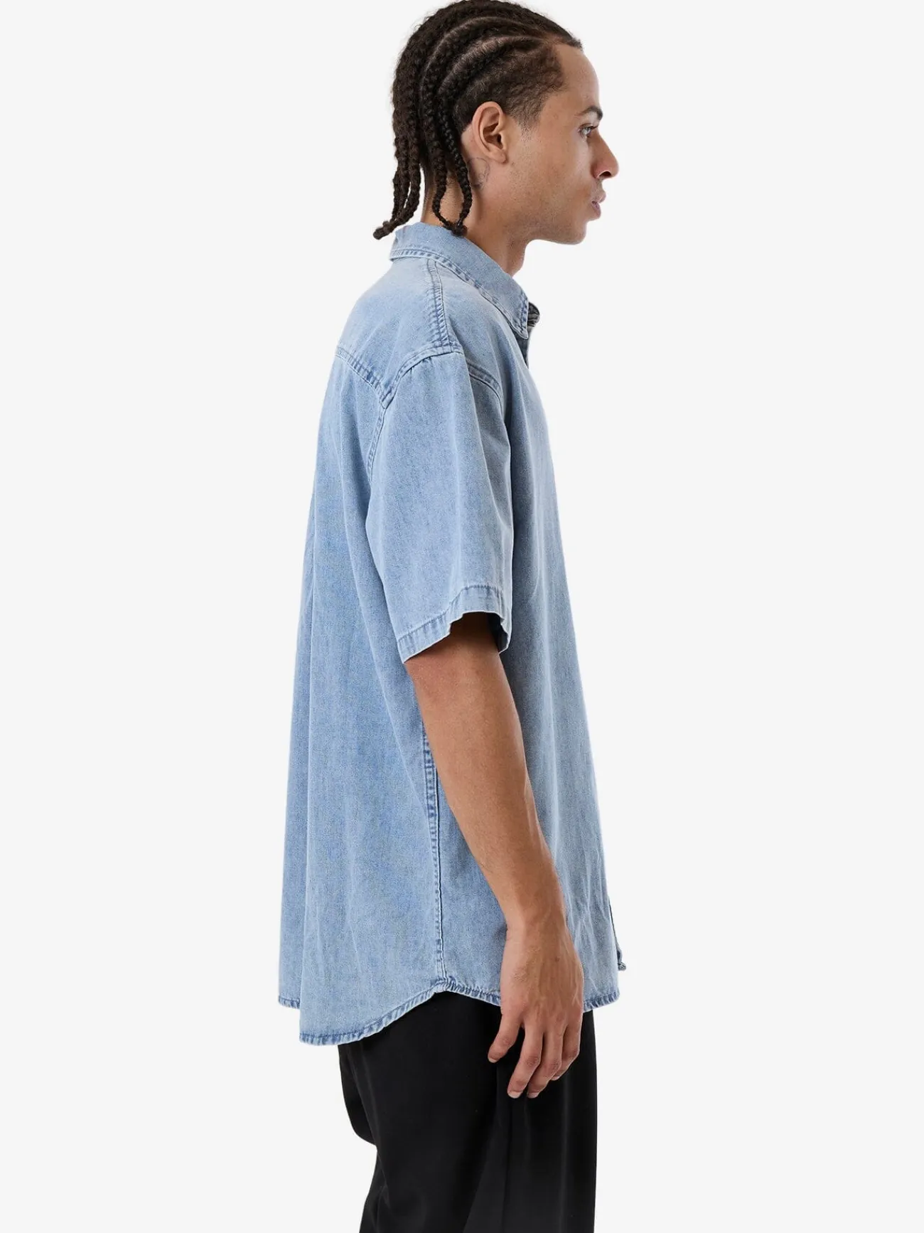 Clearance Thrills Canyon Oversize Short Sleeve Denim Shirt - Faded Rinse Indigo FadedRinseIndigo