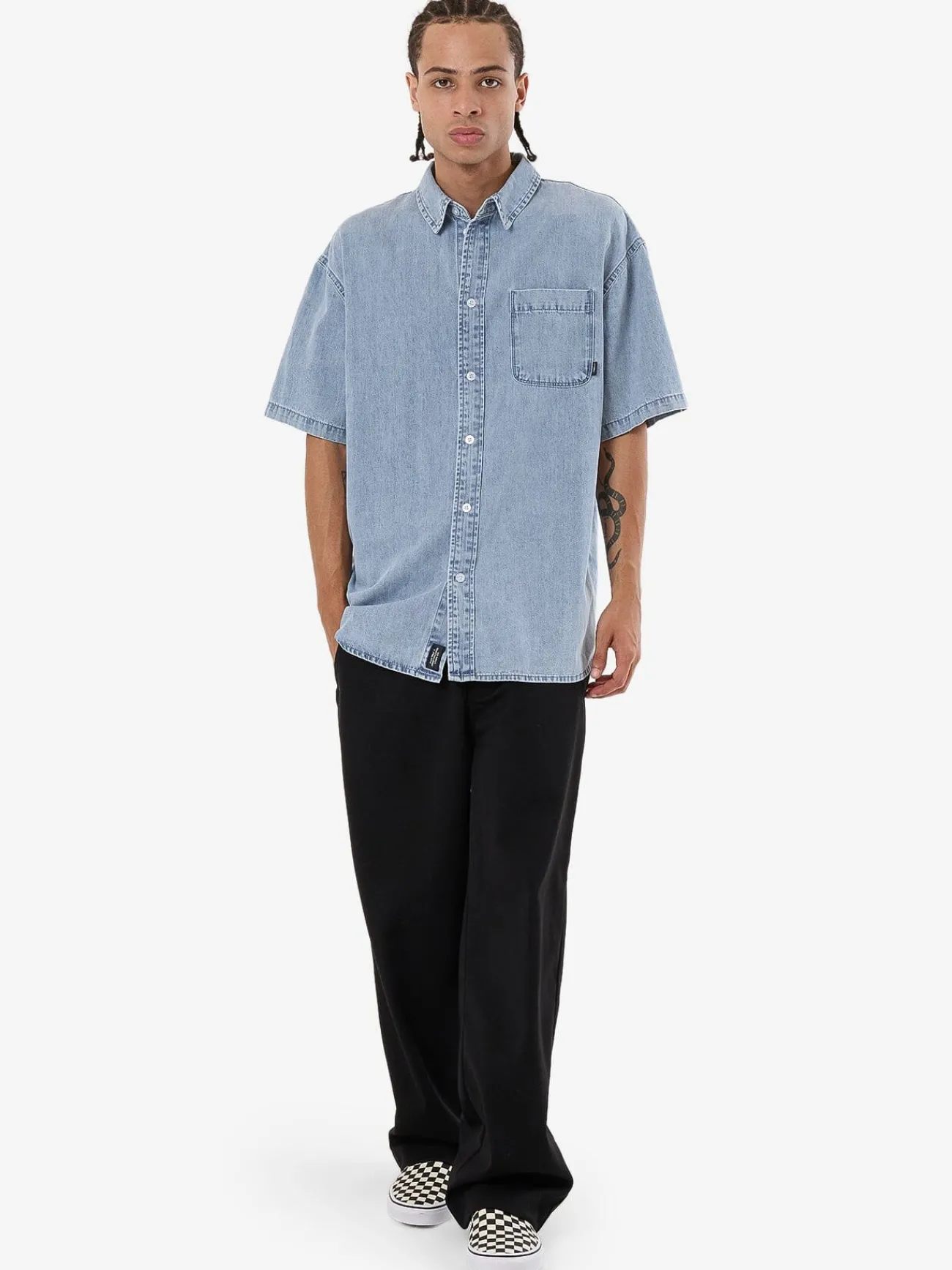 Clearance Thrills Canyon Oversize Short Sleeve Denim Shirt - Faded Rinse Indigo FadedRinseIndigo