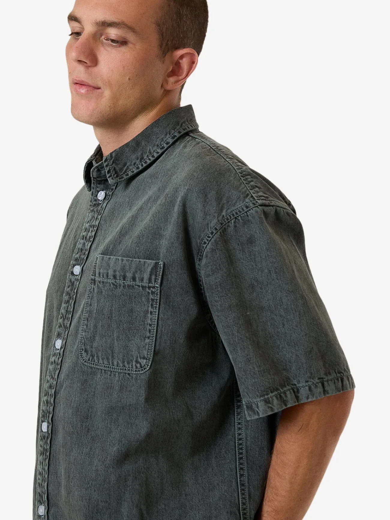 Sale Thrills Canyon Oversize Short Sleeve Denim Shirt - Dark Forest DarkForest