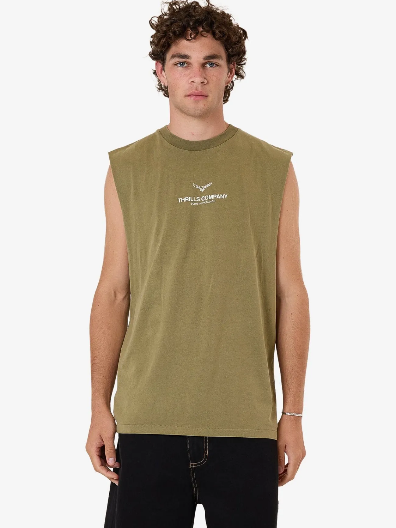 New Thrills Emblem Merch Fit Muscle Tee - Olive