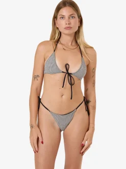 New Thrills Gia Gingham Tie Front Tri Bikini Top - Black