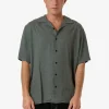 Hot Thrills Hemp Minimal Contrast Stitch Bowling Shirt - Dark Forest DarkForest