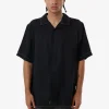 Discount Thrills Hemp Minimal Contrast Stitch Bowling Shirt - Black