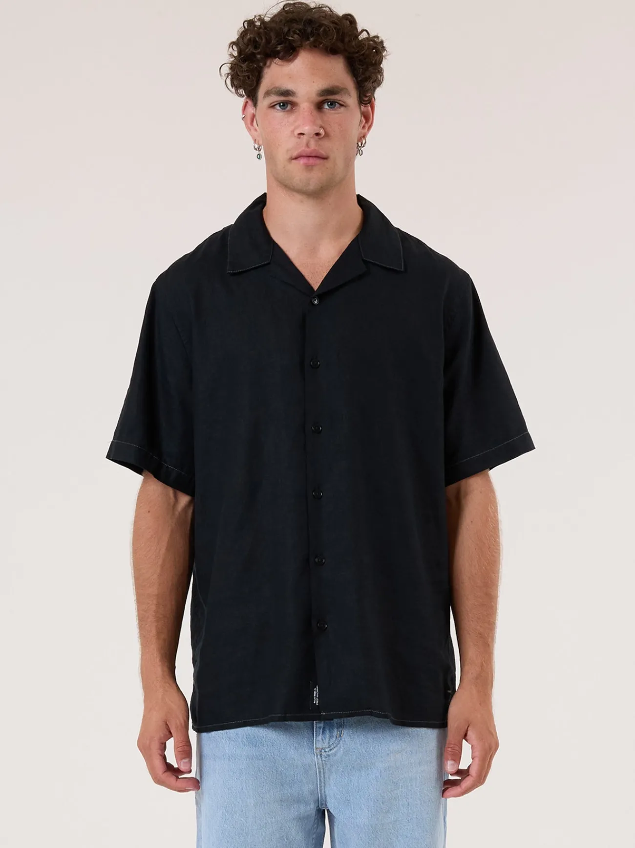 Discount Thrills Hemp Minimal Contrast Stitch Bowling Shirt - Black - Grey Contrast GreyContrast