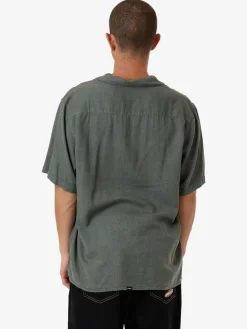 Hot Thrills Hemp Minimal Contrast Stitch Bowling Shirt - Dark Forest DarkForest