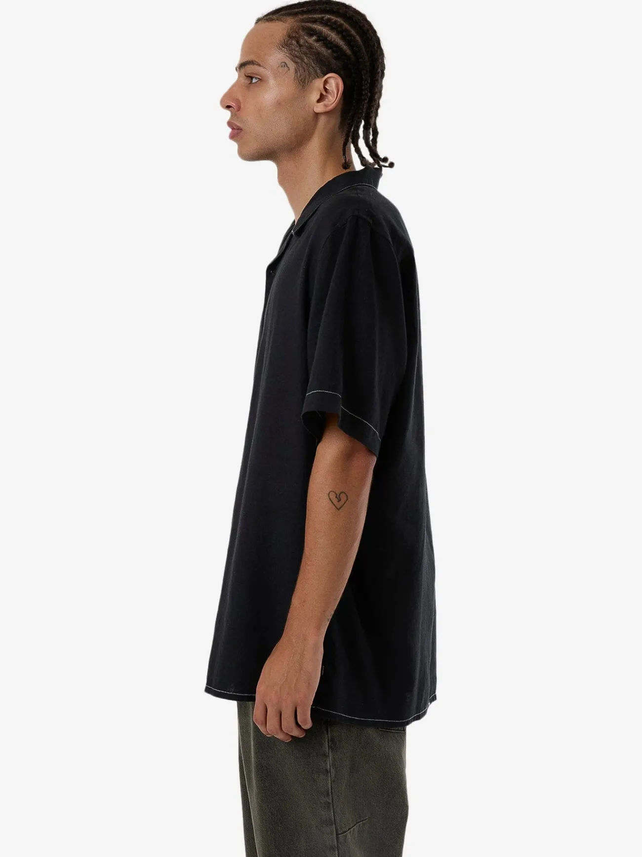 Discount Thrills Hemp Minimal Contrast Stitch Bowling Shirt - Black