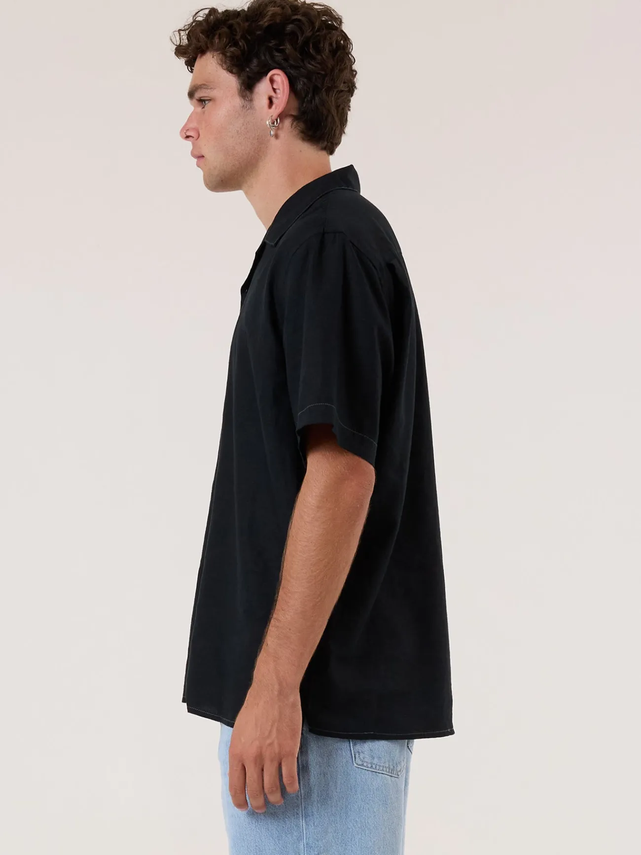 Discount Thrills Hemp Minimal Contrast Stitch Bowling Shirt - Black - Grey Contrast GreyContrast