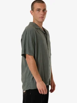 Hot Thrills Hemp Minimal Contrast Stitch Bowling Shirt - Dark Forest DarkForest