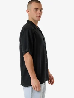 Clearance Thrills Hemp Minimal Contrast Stitch Bowling Shirt - Black