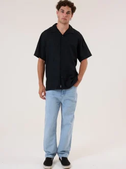 Discount Thrills Hemp Minimal Contrast Stitch Bowling Shirt - Black - Grey Contrast GreyContrast