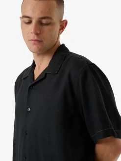 Clearance Thrills Hemp Minimal Contrast Stitch Bowling Shirt - Black