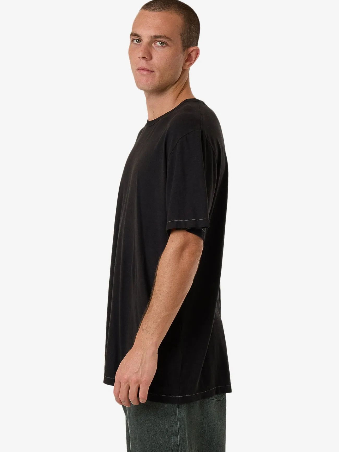 Hot Thrills Hemp Embro Lightweight Contrast Stitch Merch Fit Tee - Black