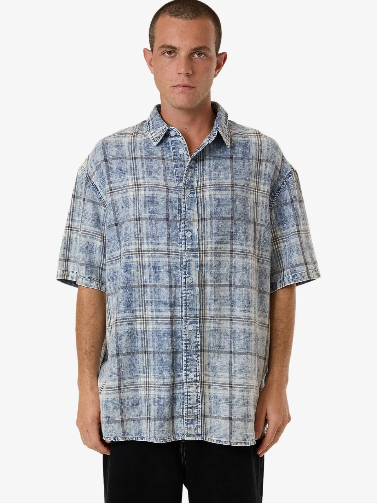 New Thrills Society Oversize Short Sleeve Check Denim Shirt - Bleach Blue BleachBlue