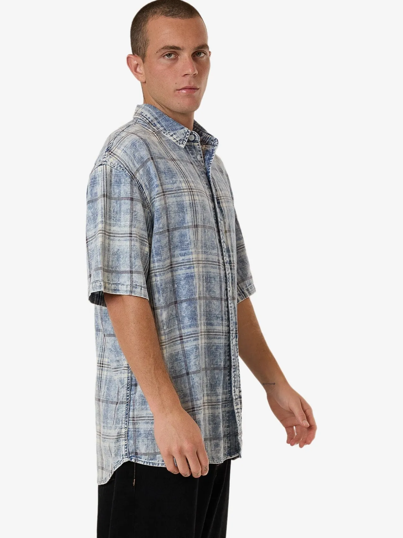 New Thrills Society Oversize Short Sleeve Check Denim Shirt - Bleach Blue BleachBlue