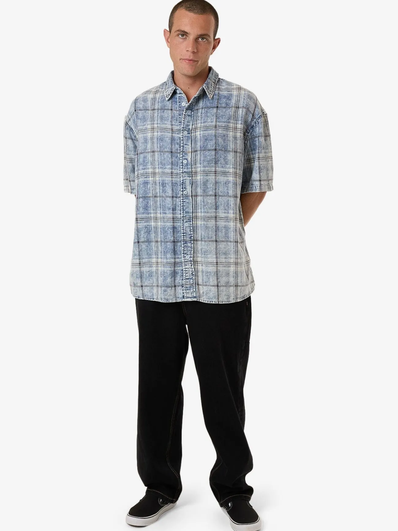 New Thrills Society Oversize Short Sleeve Check Denim Shirt - Bleach Blue BleachBlue