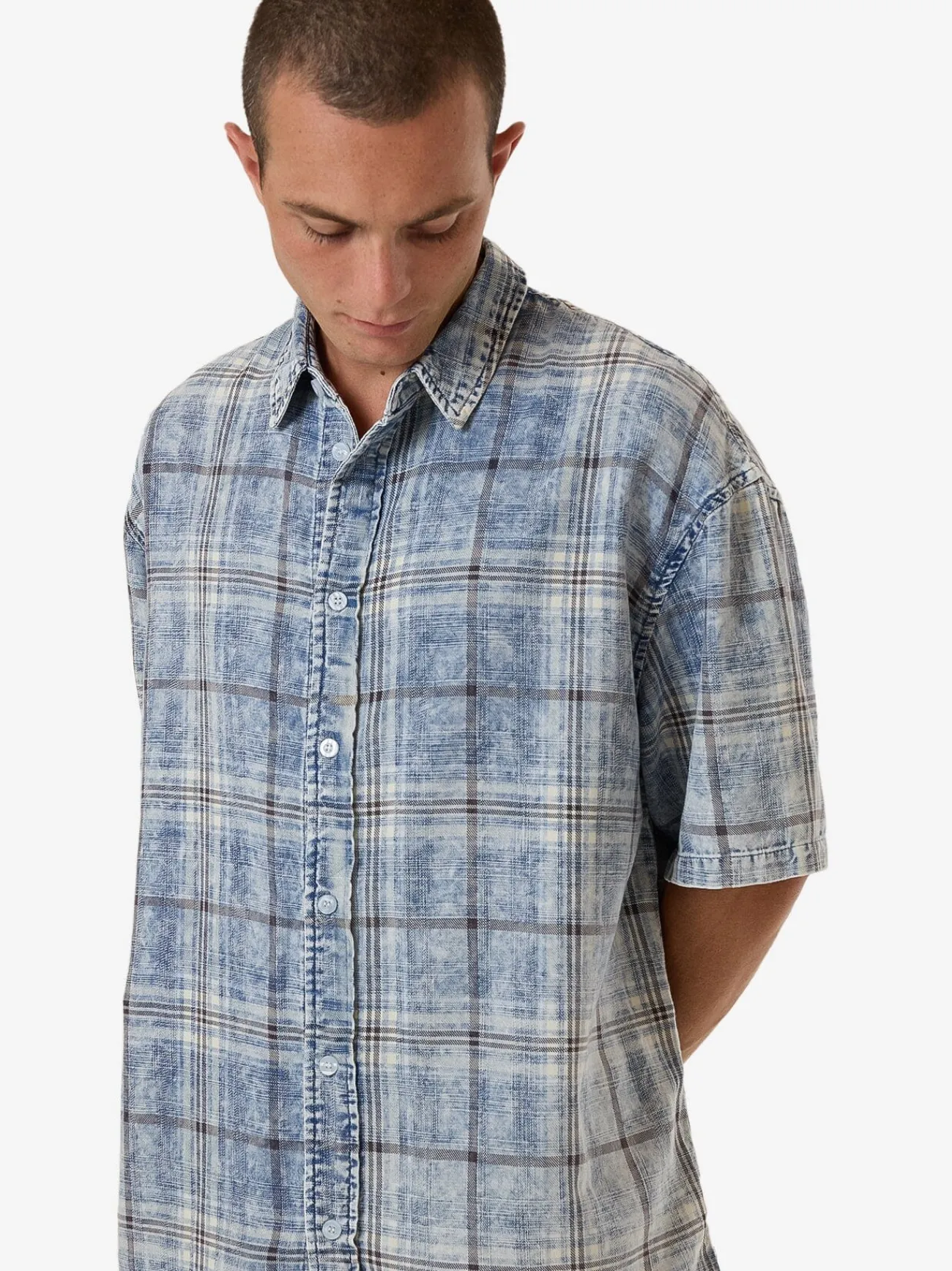 New Thrills Society Oversize Short Sleeve Check Denim Shirt - Bleach Blue BleachBlue